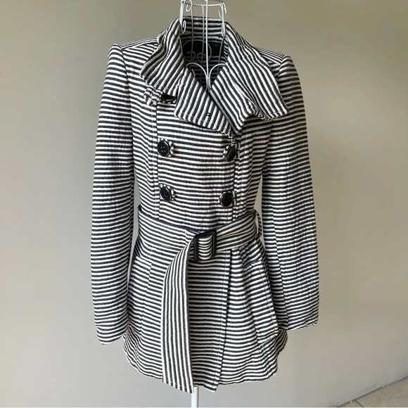 Zara striped Belt Cotton pea Coat Size M white black mock neck pockets - Picture 6 of 11